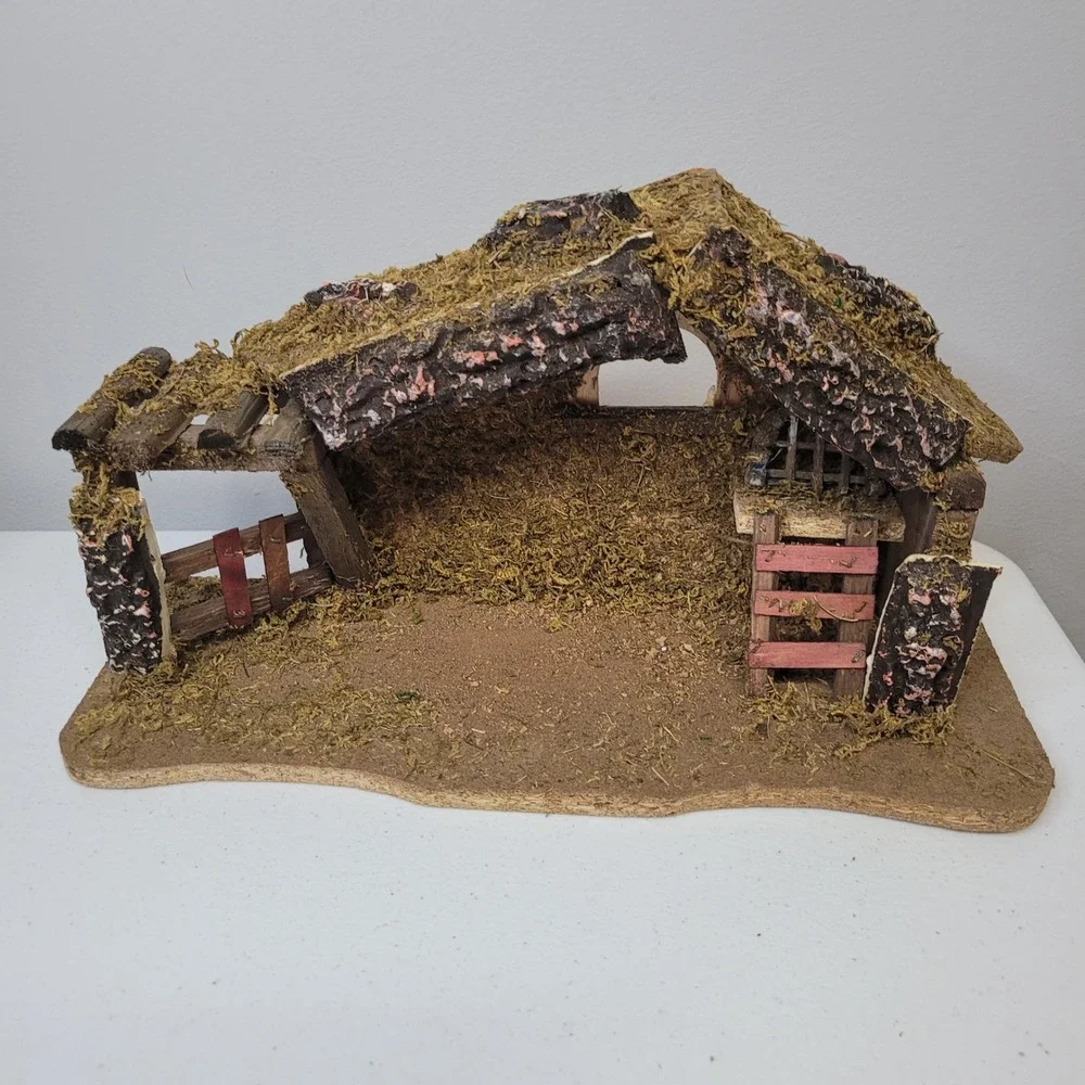Ceramic Nativity‎ Wooden Moss Manger Religious Scene Handmade Vintage Mixed Race